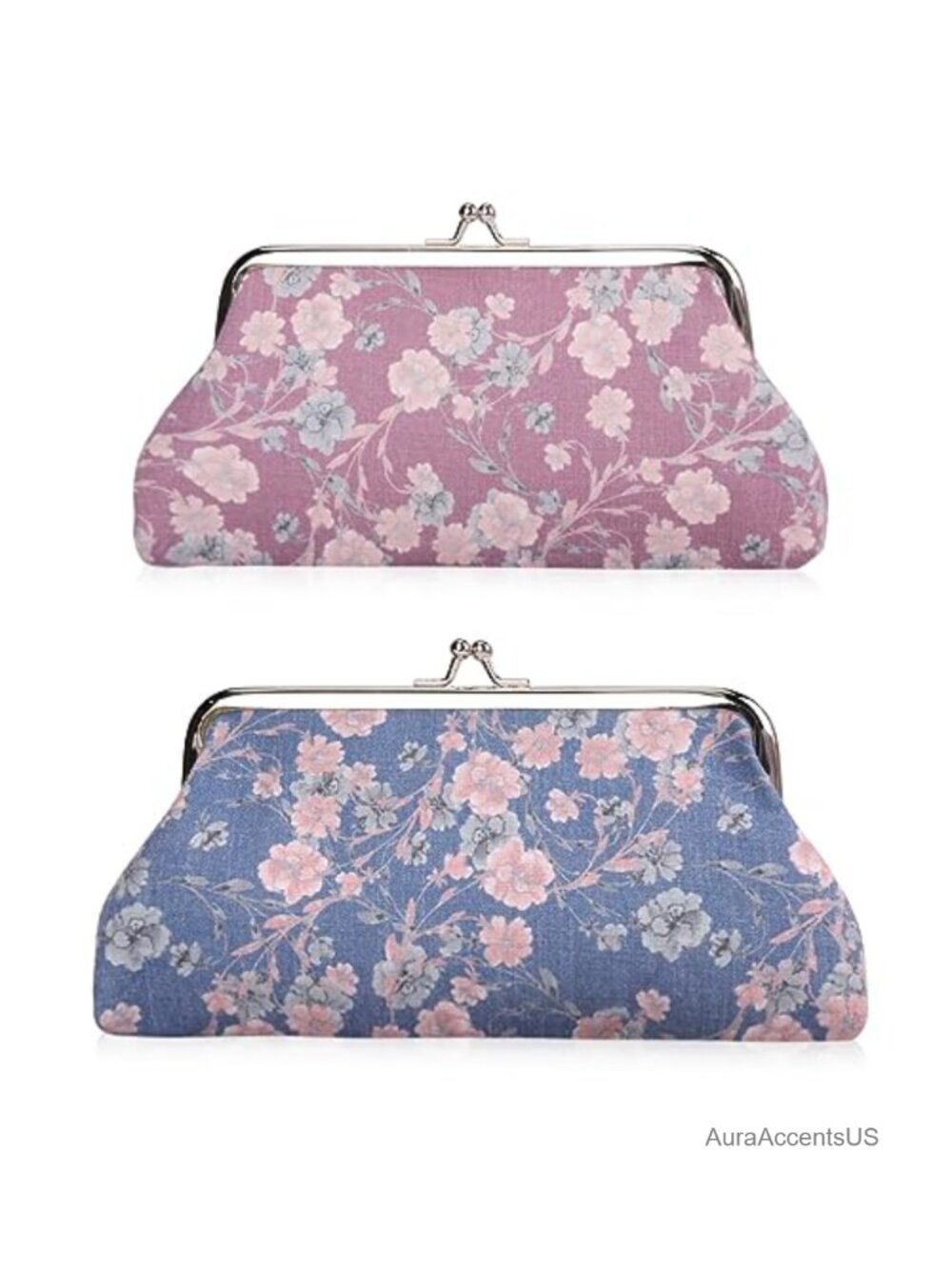 Set of 2 Vintage Kiss Lock Coin Purses, Canvas Floral Wallets, Clasp Change